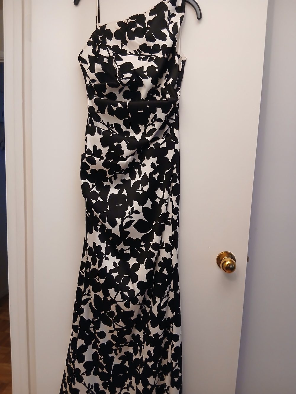 Nicole Miller Black and White One-Shoulder Floral Gown